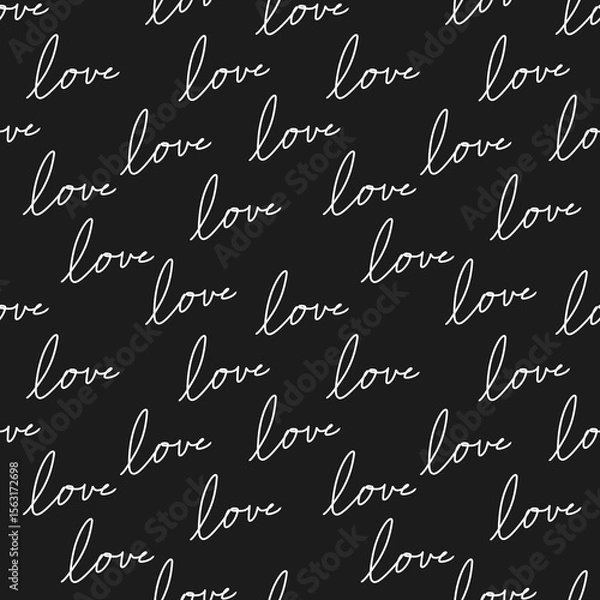 Fototapeta Romantic love pattern with handwritten text on black background. Perfect for Valentine’s Day, cards, wrapping, and romantic designs.