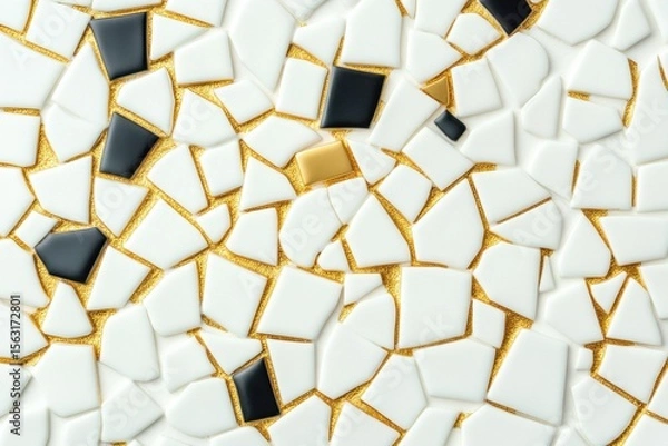 Fototapeta Broken Tiles Mosaic: A close-up view of an elegant mosaic created from fragmented tiles in a pattern of monochrome and golden hues, adding an artistic touch.