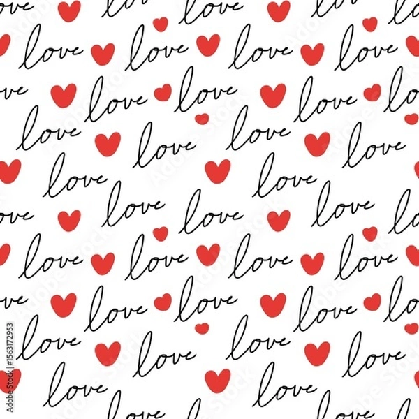 Fototapeta Romantic love pattern with handwritten text and red hearts on white background. Perfect for Valentine’s Day, cards, wrapping, and romantic designs.