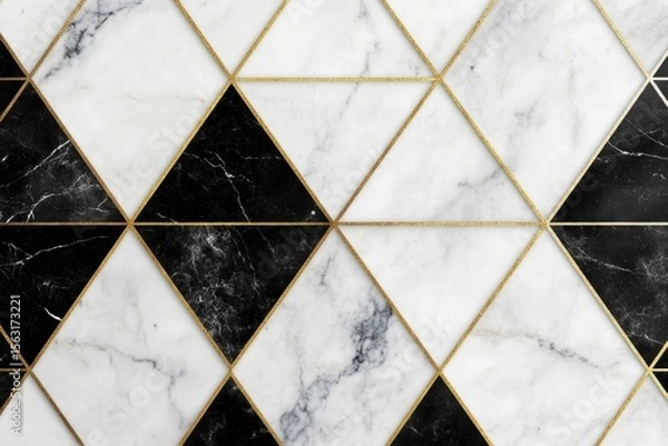 Fototapeta Geometric Marble: An abstract display of a mosaic pattern, with alternating black and white marble tiles encased in a modern triangular structure, creating a luxurious, sophisticated design.