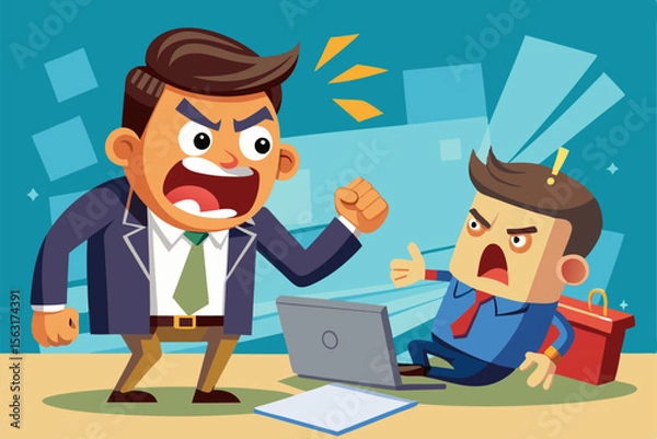 Fototapeta Boss character yelling at a worker. Vector illustration depicting workplace conflict, stress, and power dynamics. Ideal for business and office-themed designs.