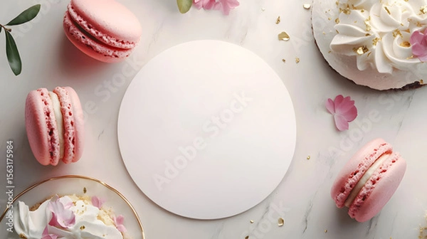 Obraz Elegant Gourmet Dessert Shop Menu Mockup with Macarons and Cake on Neutral Background