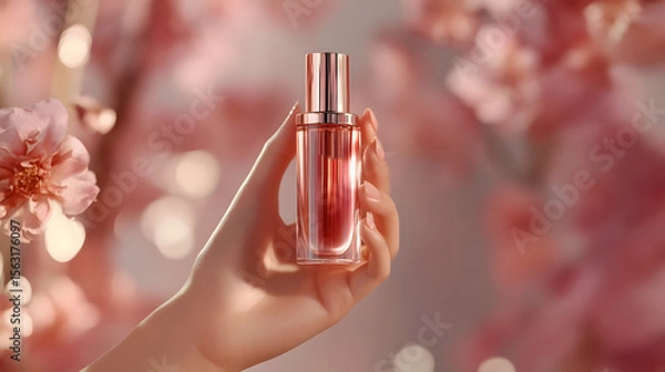 Obraz Close-up of Elegant Hand Holding Premium Skincare Cosmetic Bottle with Soft-Focus Branding