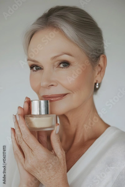 Obraz Mature Skincare Model Showcases Premium Anti-Aging Cream with Elegant Soft-Focus Lighting