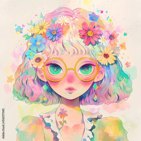 Obraz Whimsical Cartoon Girl with Vibrant Watercolor Textures and Playful Expression