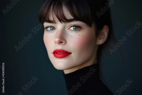 Obraz authentic minimalistic portrait of 35 years old French woman with red lips, green eyes on black background