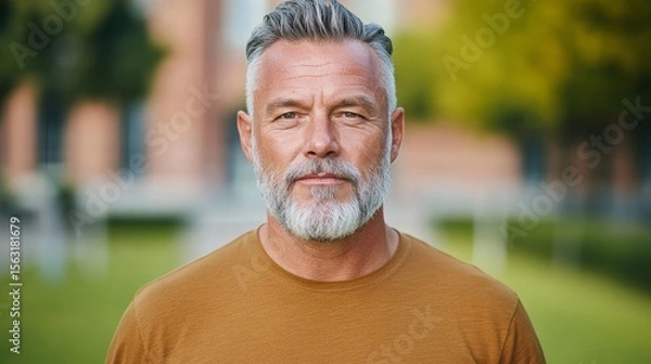 Obraz authentic portrait of 50 years old European man teacher or lecturer in brown t-shirt on the background of the university