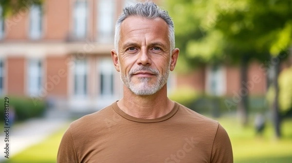 Obraz authentic portrait of soft smiling 50 years old European man teacher or lecturer against university