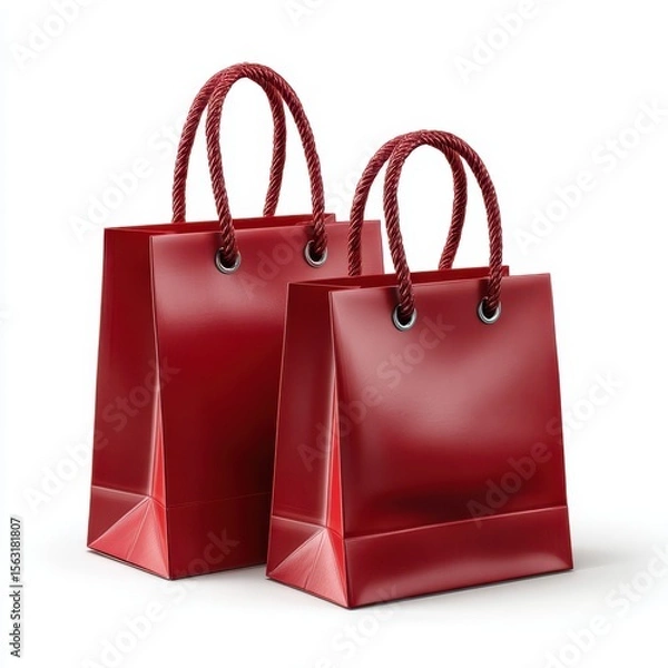 Fototapeta Two shiny red shopping bags with twisted rope handles isolated on white background
