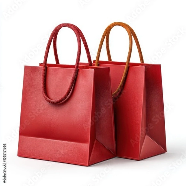 Fototapeta Two red shopping bags with textured handles isolated on white background