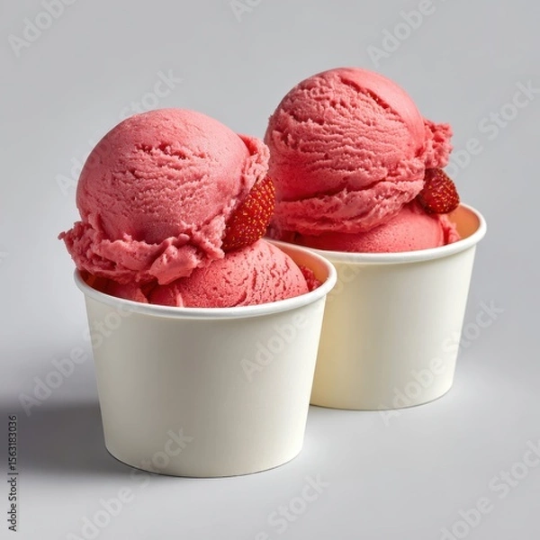 Fototapeta Two scoops of strawberry ice cream in paper cups isolated on white background