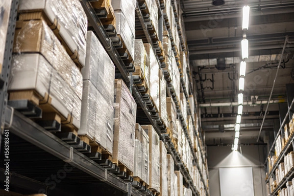 Obraz Inside A Warehouse With Rows Of Shelves