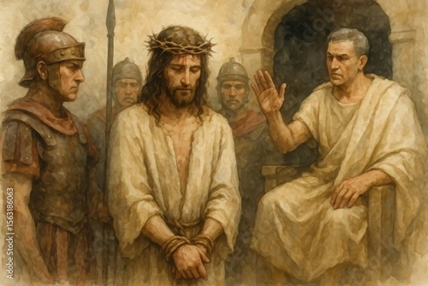 Fototapeta Roman governor sits in judgment while Jesus, wearing a crown of thorns and bound hands, stands silently surrounded by Roman soldiers in historical biblical setting
