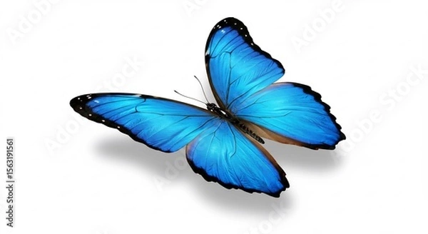 Obraz Blauer Schmetterling schwebt sanft leuchtend vor weissem Hintergrund. AI Generated