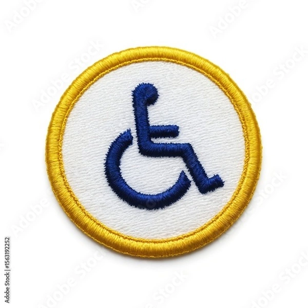 Fototapeta Embroidered accessibility symbol patch, blue wheelchair user icon, yellow border. Isolated on white. Design represents inclusivity, disability awareness, equal opportunity. Ideal for social projects,