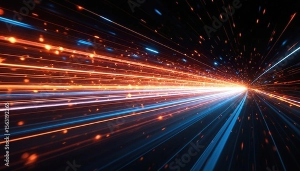 Fototapeta Abstract image shows laser beams, luminous trails of light. Blue, orange glowing streaks with sparks, dots against dark space. Speed acceleration concept, futuristic design, technology background.