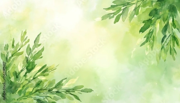 Fototapeta Watercolor foliage abstract background with green, white colors. Generative AI, spring, eco, nature concept. Fresh illustration with leaves, paint, drawing, artistic brush strokes. Elegant modern