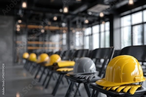 Fototapeta Safety training workplace knowledge concept. Construction helmets neatly arranged on chairs in a modern workspace.