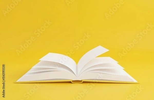 Fototapeta Open book illustration on vibrant yellow background. Education, library, knowledge, learning, reading concepts. Symbol, icon, bookstore concept, design element for school, university, study,