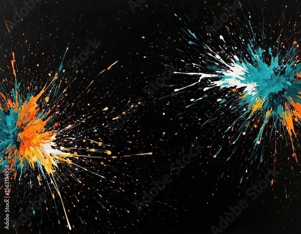 Fototapeta Colorful splashes against black background. Abstract artwork celebration theme. Bright color display. Paint explosion creates dynamic, vibrant look. Perfect for graphic design, visual projects.