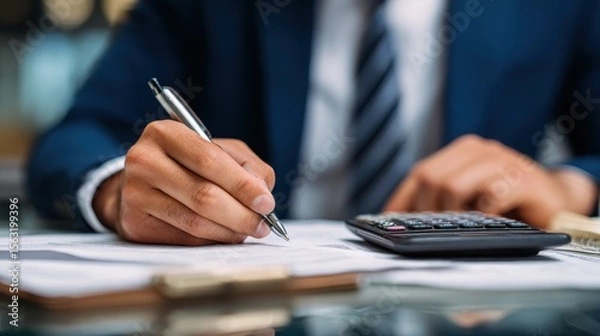 Fototapeta close up, business man or lawyer accountant working on accounts using a calculator and writing on documents, no logos, no brands