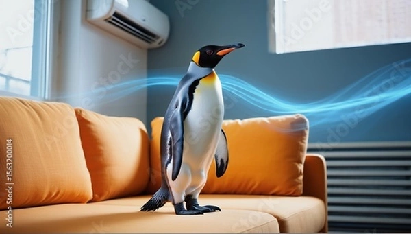Obraz Cute penguin stands on a sofa with visible air conditioner, symbolizing cold, airflow, and surreal comfort.