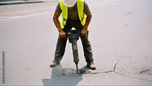 Obraz A construction worker in high-visibility gear and a safety vest operates an electric jackhammer while standing on asphalt, repairing cracks in the concrete road surface. Urban maintenance and labor.