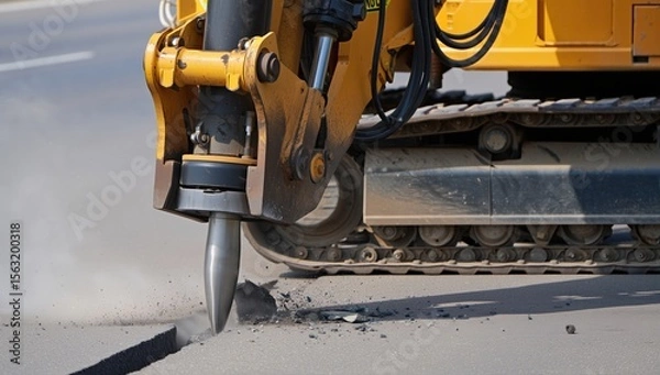 Obraz Asphalt hole-ramming machine in action creating an opening on the road. Heavy machinery, construction, and engineering.