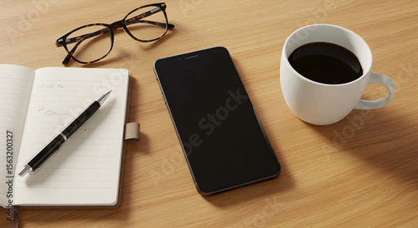 Obraz Modern workspace featuring smartphone, coffee, notebook, and glasses.