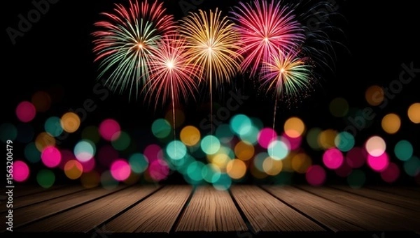 Obraz Colorful fireworks burst with glowing bokeh and wood surface in foreground. Celebration and festivity.