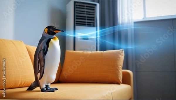 Obraz Cute penguin stands on a sofa with visible air conditioner, symbolizing cold, airflow, and surreal comfort.