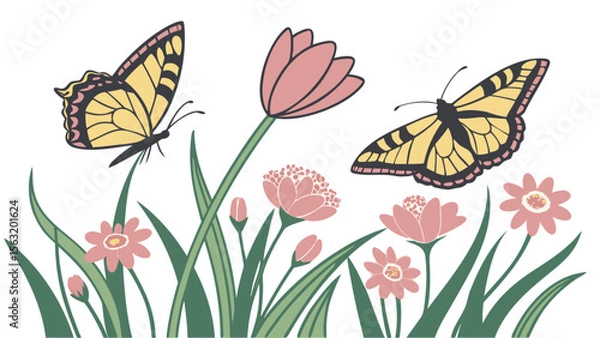 Obraz Butterflies with Flowers Isolated on White Background Vector Illustration