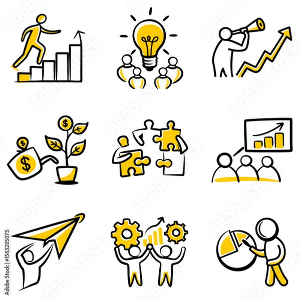 Fototapeta Set of creative concept vector illustrations showing people involved in business, marketing, design, social media, and content management, highlighting innovation and the creative process doodle.