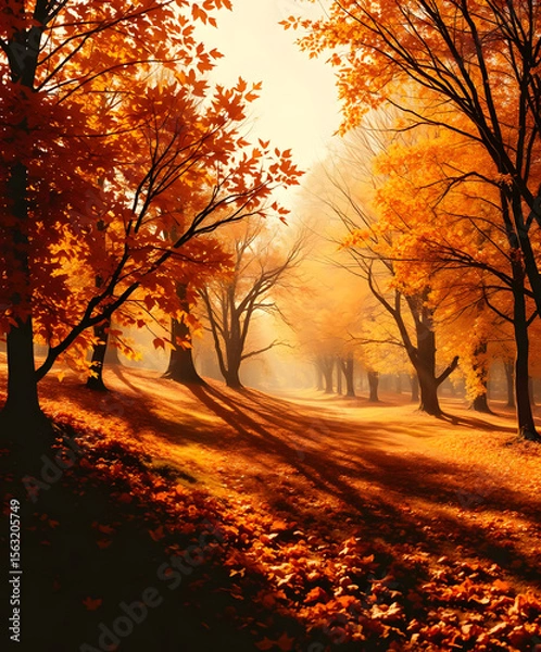 Fototapeta Autumn forest landscape with golden foliage in warm sunlight and mystical atmosphere