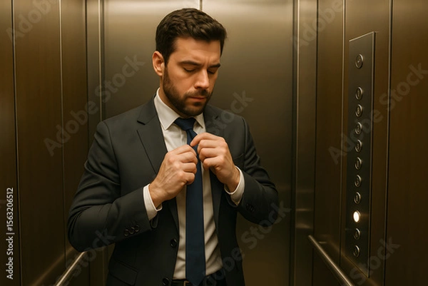 Fototapeta Businessman adjusting tie with serious expression in modern elevator interior

