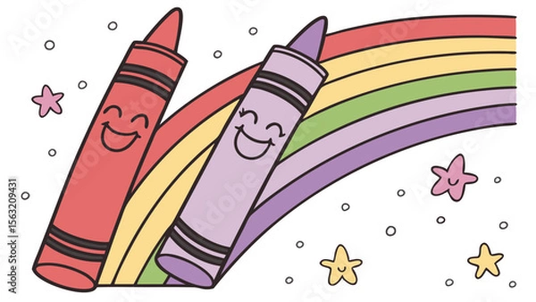 Fototapeta Illustration of two crayons with smiling faces alongside a vibrant rainbow and scattered stars around them