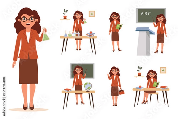 Obraz Set of teacher characters doing different activities in the classroom that promote learning and educational development. Set for animation. Vector illustration in flat style on white background.