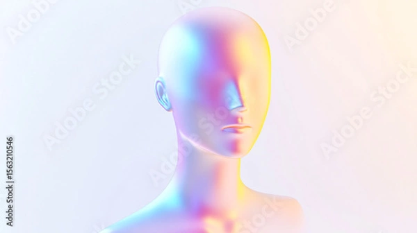 Fototapeta Holographic figure presents artificial beauty and futuristic technology with vibrant iridescence against a soft background.