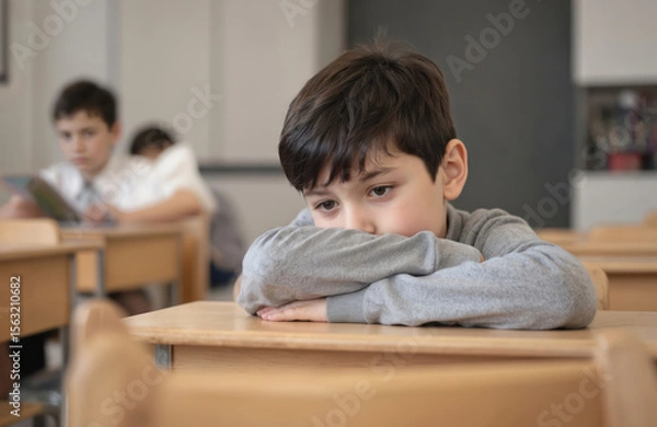 Fototapeta Sad child boy sits alone at school desk with head down. Children emotions, school bullying. Upset student. Lonely, unhappy kid with problems in primary school. Learning difficulty, frustration,