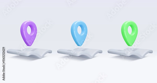 Fototapeta Set location pointer om map, book, placemark, marker of map, navigation pin sign. 3d GPS icon. Sign for searching on map direction. Vector render illustration isolated on white background