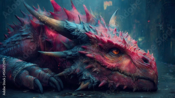 Obraz Extreme close-up portrait of a powerful red and blue fantasy dragon with realistic scales, horns, and a detailed glowing reptilian eye.