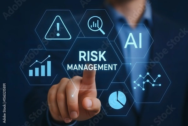 Fototapeta Businessman touching risk management interface with ai and data analysis icons