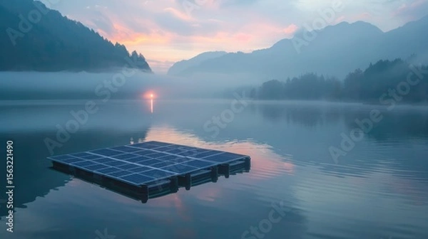 Fototapeta Floating solar panels at dawn on a tranquil lake nature photography peaceful environment reflective viewpoint
