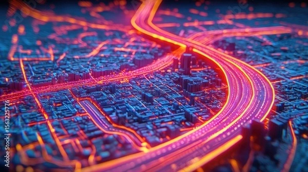 Fototapeta Traffic flow visualization urban environment digital artwork night view futuristic concept
