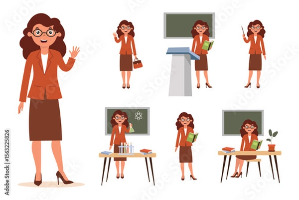 Obraz Set of teacher characters interacting with students in several classroom activities during a teaching session. Set for animation. Vector illustration in flat style on white background.