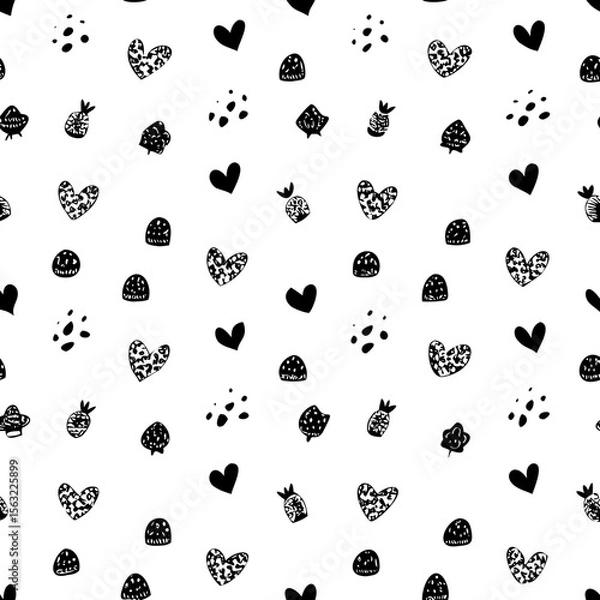 Fototapeta Cute, hand-drawn pattern of hearts and berries.