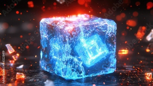 Fototapeta Dynamic ice cube melting with fiery glow digital art sci-fi environment close-up view for visual impact