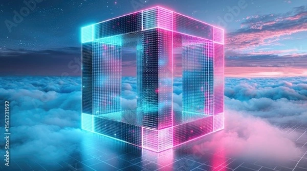 Fototapeta  Dynamic digital cube floating above clouds futuristic abstract art surreal environment high-resolution view
