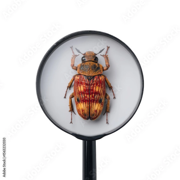 Fototapeta A detailed close-up of a brown and orange beetle viewed through a magnifying glass, showcasing its intricate body patterns and legs.
