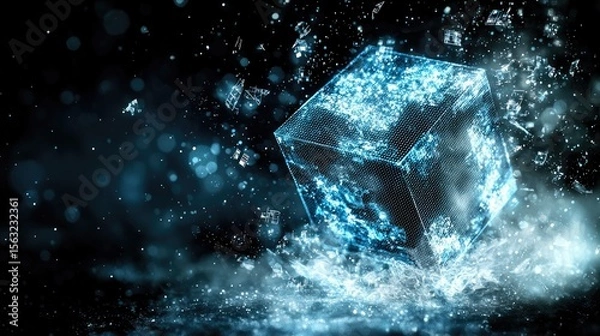 Fototapeta Dynamic water cube splash digital studio 3d rendering dark background abstract conceptual visualization